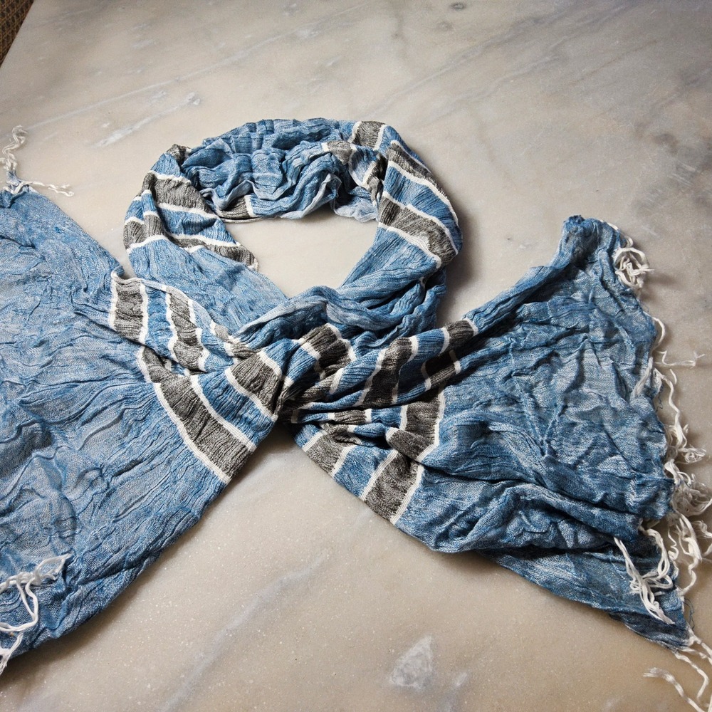 Blue Striped Viscose Scarf with Fringe Lightweight‎ Fashion Accessory